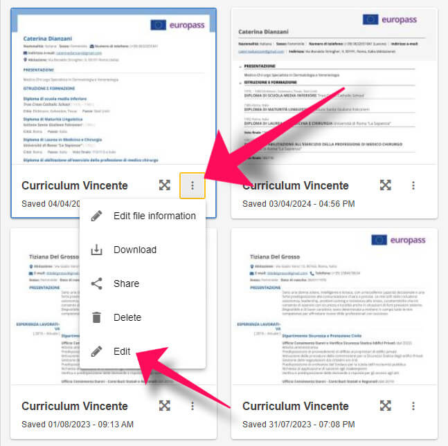 Modifica CV Europass 3 puntini