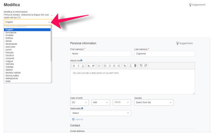 Modifica CV Europass Lingua